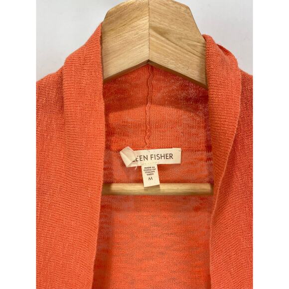 EILEEN FISHER Open Cardigan Sweater 3/4 Sleeve Pockets Linen Cotton Orange M - Picture 3 of 7